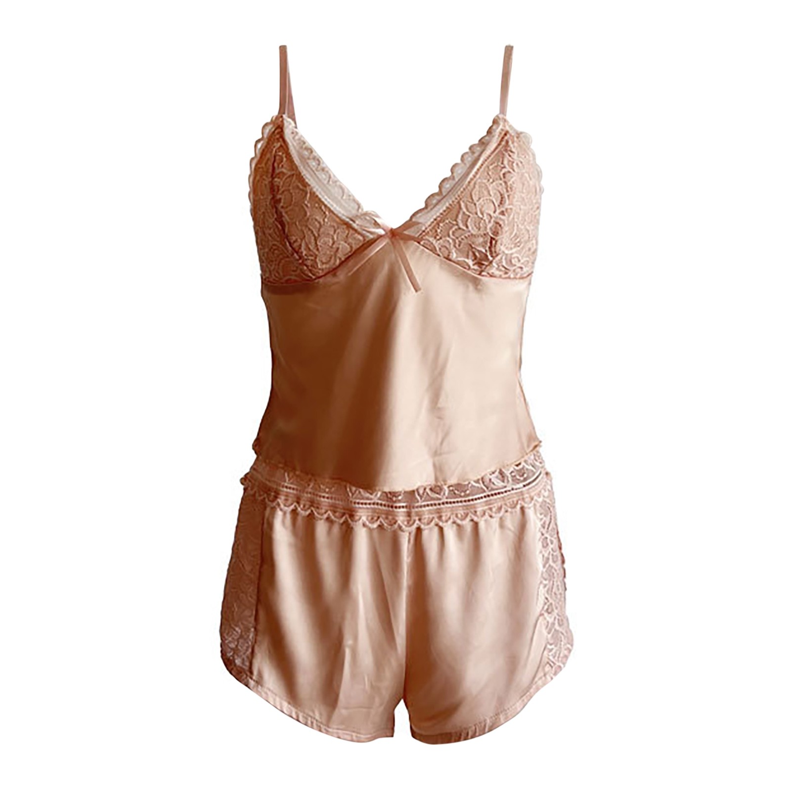 thumbnail image 4 of Conjunto de vestido y pantalones cortos con ribetes de satén y encaje para mujer - Ropa sexy para estar por casa, tallas S-L, 4 of 4